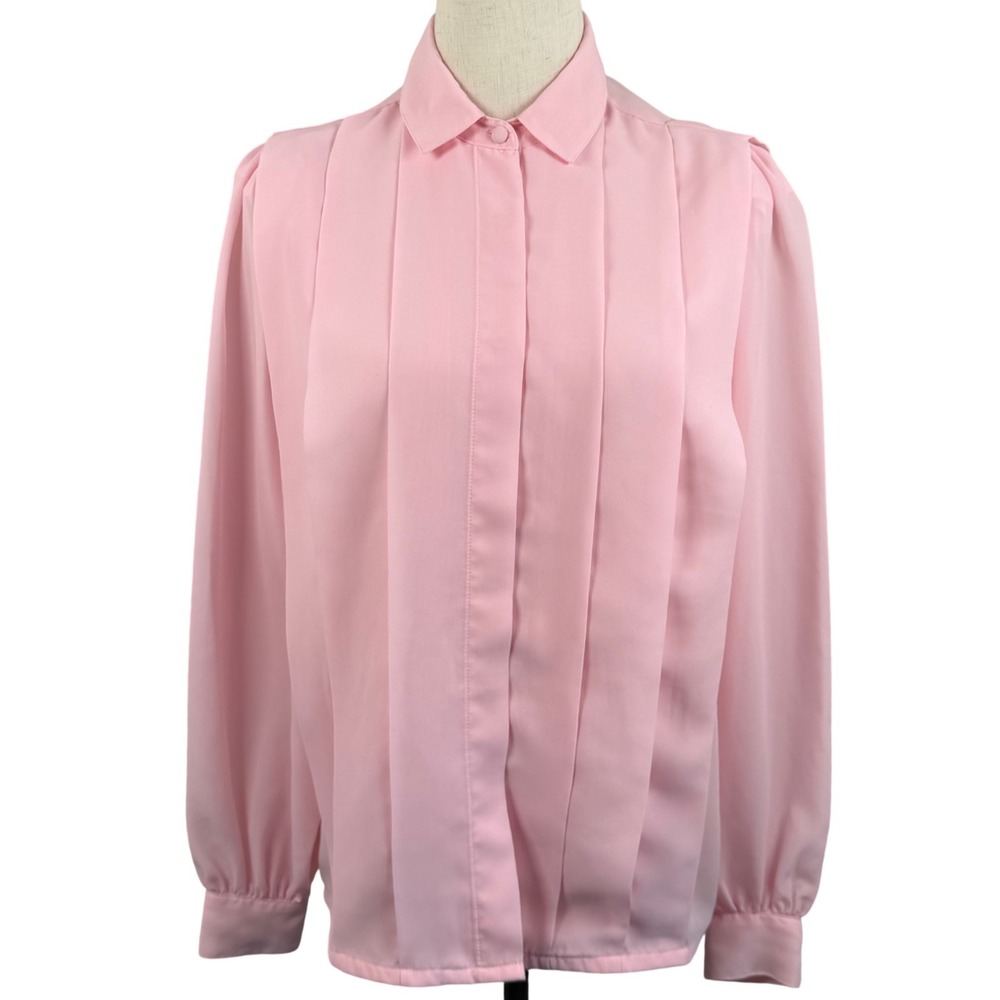 Vintage La Blouse 10 M Blouse Pink Pleated Front Hidden Button Coquette 80s EUC